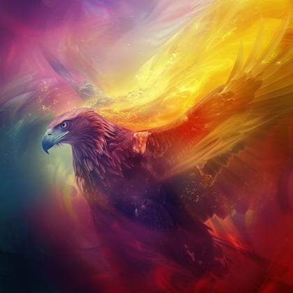 Ein Adler mit ausgespreizten Flügeln umgeben von intensiven engelhaften Farb- Energie Schwaden in  Gelb, rot pink blau