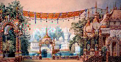 Dibujo original de Konstantin Ivanov para el escenario de El Cascanueces, primer acto (1892)