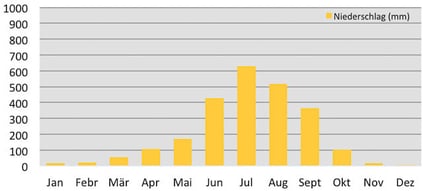 Klimadiagramm - Niederschläge in Dzongri während dem Trekking in Sikkim