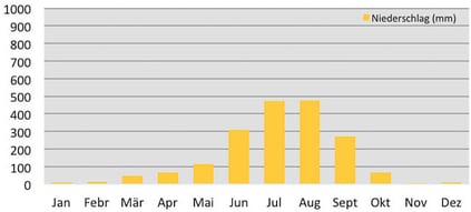 Klimadiagramm durchschnittliche Niederschlagsmenge in Tatopani in Nepal