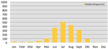 Klimadiagramm durchschnittliche Niederschläge im Chitwan Nationalpark in Nepal