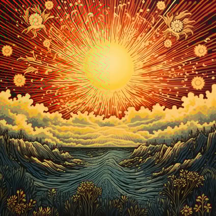 ein Gemälde der in den Himmel aufgehenden Sonne, im Stil einer psychedelischen Illustration, hyperdetaillierter Illustrationen, Prairiecore, Tumblewave, Himalaya-Kunst, kräftiger Lithografie, sehr detailliert