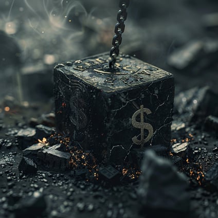 KLeiner schwarzer Würfel aus schwarzem Marmor mit Dollarzeichen und Kette die oben angemacht ist, steht auf etwas glühendem und schwarzen Steinen, dunkles und düsteres Motiv, staubiger Haufen,