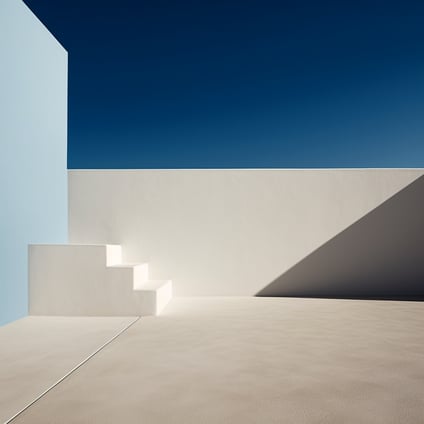 ein leerer Platz mit blauen, weißen Wänden, Treppen und Sonne darauf, im Stil minimalistischer Landschaften, luxuriöser Geometrie, kompliziertem Minimalismus
