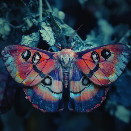 Eine wunderschöne Motte mit Augen auf den Flügeln, blau und rot vor einem dunklen Hintergrund. Das Bild ist ein detailliertes, hochwertiges Foto mit einer Vintage-Ästhetik und einem Fokus auf die komplizierte Hautstruktur der Motte.