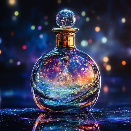 Wunderschöne Parfümflasche aus Glas mit einem bezaubernden Nebel im Inneren, der am Nachthimmel schimmert und funkelt. Die im Fantasy-Stil bemalte Flasche ist farbenfroh und magisch.
