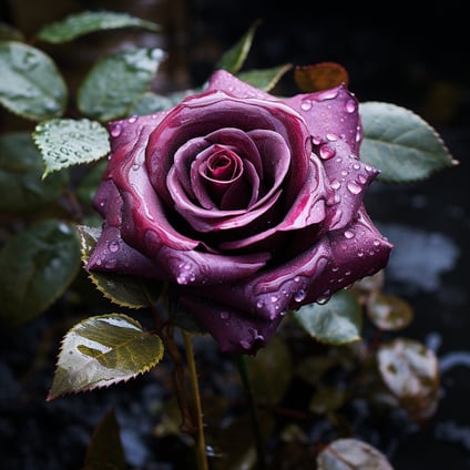 eine violette Rose mit Wassertropfen, im Stil von Dunkelgrau und Dunkelkarmesinrot, romantische und nostalgische Themen, Nachbearbeitung, dunkler Smaragd und helles Karmesinrot, von der Natur inspiriert, dunkles Indigo und dunkles Karmesinrot, UHD-Bild