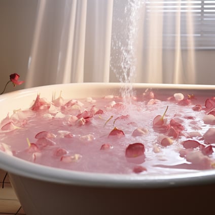 Wanne gefüllt mit rosarotem Wasser und Rosenblüten, dahinter ist ein Fenster mit runter gelassemen Rolladen, weisse durchsichtige Vorhänge sind ebenfalls im Hintergrund zu sehen