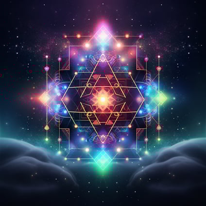 Spirituelles geometrisches Konstrukt mit leuchtenden Farbpunkten an den Enden, umgeben vom nächtlichen Himmel und Sternen und Wolken, Farben grün, orange, pink, blau