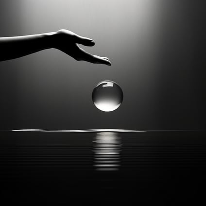 ein Schwarz-Weiß-Foto einer Hand, die eine glaskugel ins wasser fallen lässt, futuristischem Minimalismus, Licht und Raum, Gelassenheit und Harmonie, realistischer Verwendung von Licht und Farbe