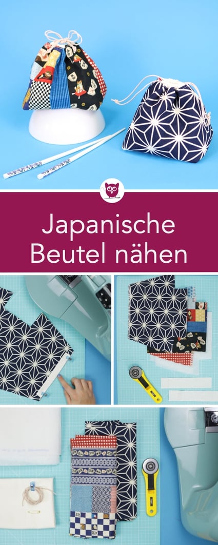 Japanische Kinchaku Beutel nähen aus japanischen Stoffen  mit kostenlosem Schnittmuster. Die Beutelchen  mit Tunnelzug kann man als Handtasche kleines Kosmetiktäschchen, Täschchen für Kleinkram oder auch Geschenkbeutel nutzen. Nähanleitung von DIY Eule.