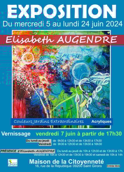 Elisabeth Augendre artiste peintre exposition personnelle Maison de la citoyenneté St Girons juin 2024