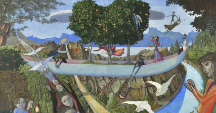 遊森胎命　182×350cm　パネルに綿布をマウント/テンペラ、油彩 　小林裕児