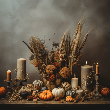Herbslich getrocknete Blumen umgeben von Kerzen und kürbisen auf einem Holztisch, grau braun orange gelb ocker grün, 