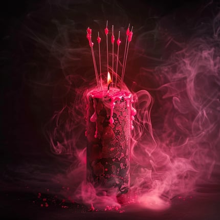 eine Kerze mit herumwirbelndem rosa Rauch und nadeln darin pinker wachs läuft runter, im Stil von Gothic Dark und Makabre, hyperrealistische Kompositionen, Infrarot, Horror-inspiriert, atmosphärische Installationen, Fairycore