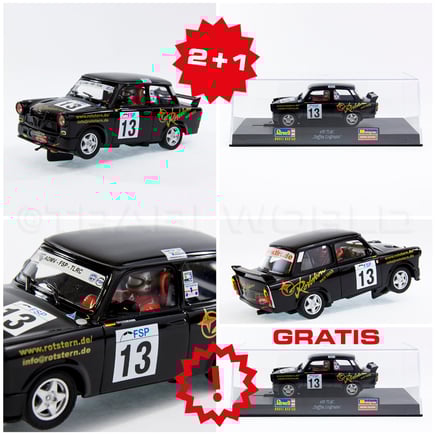 Das Bild zeigt 6 Slotcars, die gerade im Trabi Shop als Set im Angebot sind.