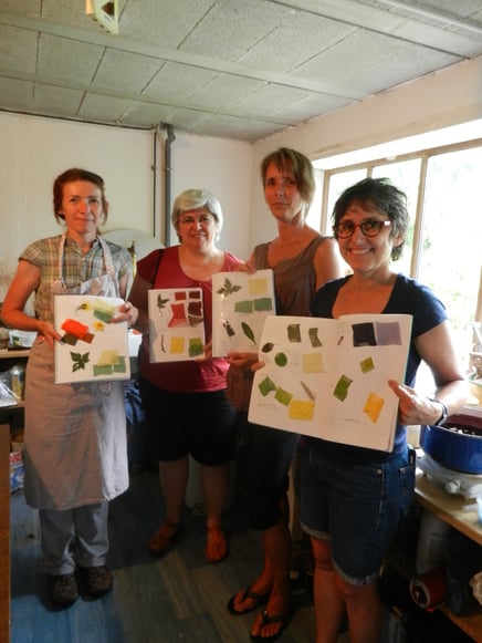 Teinture végétale jardin tinctoriale visite animation scolaires foulards en soie centre de loisirs biologique pédagogique tableaux textiles patchwork tissu développement durable potager biologique roses stages loire lyon forez montagnes du matin  