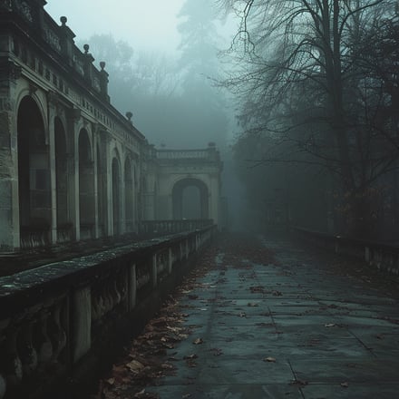 Ein Gehweg, der im Nebel an bröckelnden Backsteingebäuden vorbeiführt, im Stil von Woodland Gothic, neoklassischen Themen, Matte Painting, Vanitas, Monumentalismus, dunkel und kompliziert, Wiener Secession