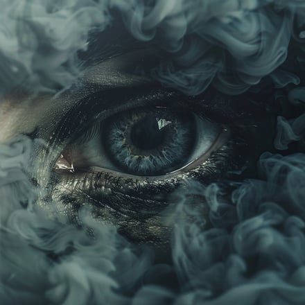 Grüner Rauch bildet sich um das grau-bläuchliche Auge einer Person, im Stil realistischer und extrem detaillierter Darstellungen, atmosphärische und stimmungsvolle Landschaften, fesselnde Porträts, texturreiche Leinwände, fotorealisti