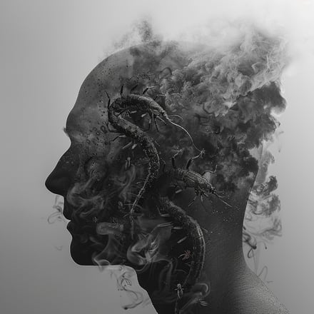 Mann mit Rauch und insekten aus seiner Haut auf dem Kopf austritt, im Stil hybrider Kreaturenkompositionen, monochromatische Schatten, mischt realistische und fantastische Elemente, Figura Serpentinata, dargestellte gefangene Emotionen, generative Kunst,