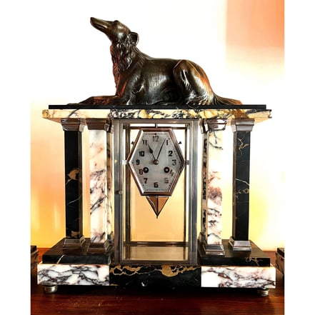 A French Art Deco Glass Cased Dog Clock on Marble Base | 49x42x12 cm