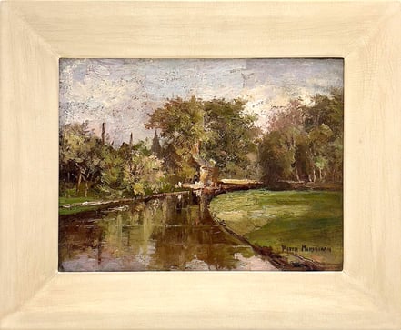 Piet Mondriaan, Stream Bordered by Wooded Landscape c. 1894-96, Oil on canvas, mounted on board, 28.5 x 37 cm  Signed lower right: Pieter Mondriaan
