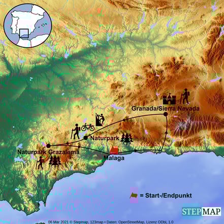Landkarte mit der Reiseroute durch Andalusien