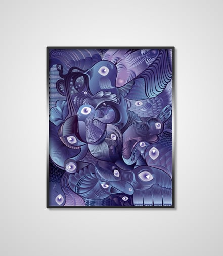 Eine blaue und violet gehaltene Strich-Illustration bestehend aus verschiedenen Tieren, die alle ineinander hinein verschwimmen. Darauf sind verschieden Fische, Vögel, Bäume, Eichhörnchen und ein Hase