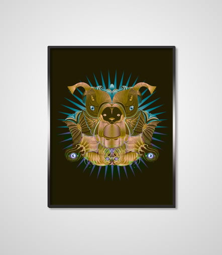 Ein Poster mit illustrierten Tieren darauf; Bär, Walfisch, Tintenfisch, Schmetterling, Vogel dahinter ist ein blauer Strahlenstern