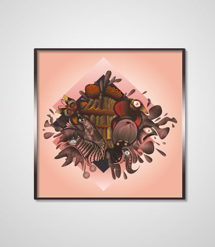 Illustration verschiedener Tiere und einer Person sowie graphischen Symbolen, braun rosa mit orangen Tönen