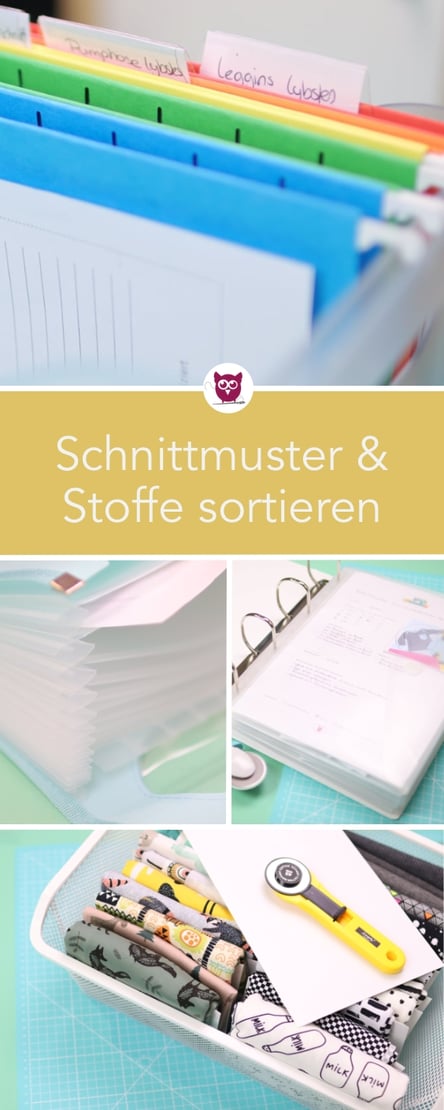 Stoffe sortieren und Schnittmuster sortieren & aufbewahren – verschiedene Ideen im Test: Schnittmuster im Ordner, im Hängeregister und in der Fächertasche. Stoffe mit Pappen aufrollen und ordnen. Für mehr Ordnung im Nähzimmer. DIY Anleitung von DIY Eule.