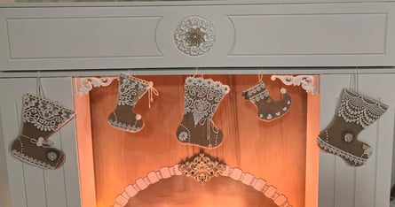 Wenn schon (Fake)Kamin, dann richtig kitschig zu Weihnachten. Habe Kamin-Socken gebastelt aus Filz und Spitze.