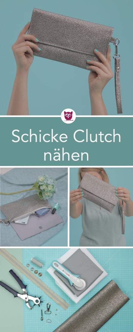 #ClutchClara aus dem #DIYeuleBuch : Nähanleitung für eine schicke und schlichte Clutch mit Riemchen und Reißverschluss. Clutch nähen ganz einfach aus einem silbernen metallic Kunstleder.  Schnittmuster und Anleitung von DIY Eule. 