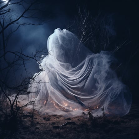 Im Wald glitzern die Geister im Mondlicht, im Stil von konzeptuellen Installationen, fließenden Stoffen, fotorealistischer Kunst, verworrenen Nestern, konzeptueller Fotografie, rauchigem Hintergrund, Halloween