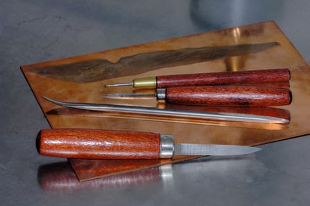 Polierstahl, Stichel, Schaber, Kupferplatte