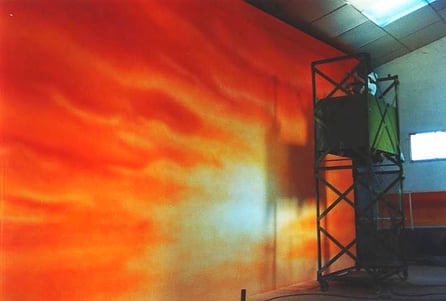 Backdrop, forillo, Telón de fondo, aerografiado sobre tela, a mano. Para Spot.