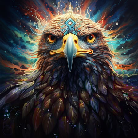 Ausdrucksstarke Illustration eines mächtigen schamanischen Adlers, Portrait bis zu den Schultern, zeigt das schöne Gesicht des Adlers mit schamanischem Muster über schnabel, hinten sind leuchtende farb strahlen zu sehen
