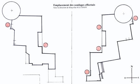 Shahrisabz : emprise au sol des pylônes de l'Ak Saray. Chaque disque rouge représente un sondage réalisé sous la direction de K.Sultanov (Billard et Schvoerer-Ney, 2008)