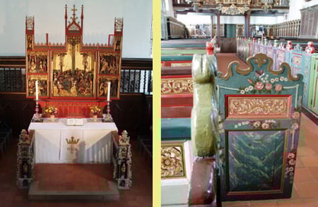 geschnitzter Flügelaltar um 1500 /  Kirchenbänke