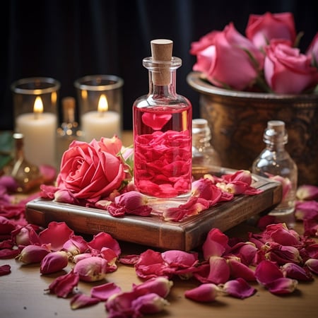 Rosenblätter in Parfümflasche, Kerzen und andere Blumen auf dem Tisch, im Stil durchdrungener Symbolik, zeitlose Kunst, hellrot und magenta, Wicca, mit Provia aufgenommenes Foto, Poetcore, weibliche Sensibilität