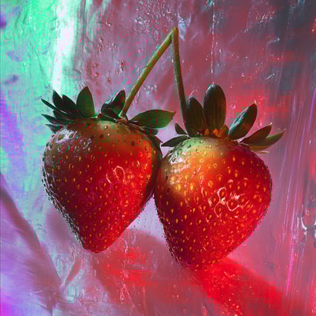Zwei Erdbeeren, transparenter und farbenfroher Hintergrund, psychedelischer Farbstil, Makrofotografie. farbenfroher Realismus, mit einem farbenfrohen Lichtbrechungseffekt und einem lebendigen Hintergrund.