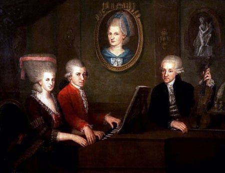 Familia Mozart hacia 1780, Johann Nepomuk della Croce. De izquierda a derecha, Nannerl, Wolfgang y Leopold. El retrato de la pared es de Anna Maria, la madre de Mozart, que falleció en 1778.