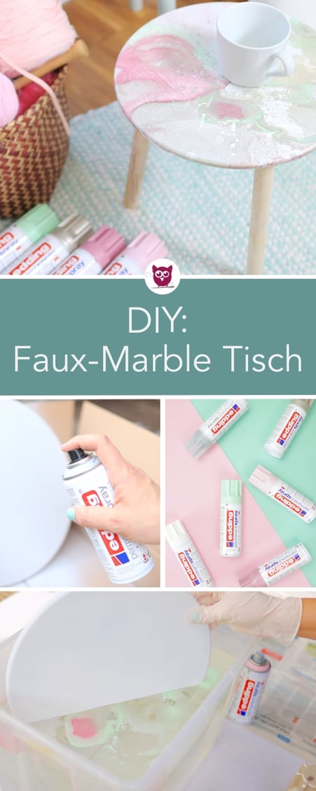 [Werbung] DIY Faux Marble Tisch mit dem edding Permanent Spray in mint, rosa  und gold. Sprühlack zum  Marmorieren verwenden. Einfaches und schnelles Interior Design DIY. Anleitung von DIY Eule. Auch perfekt als Pflanzstisch.