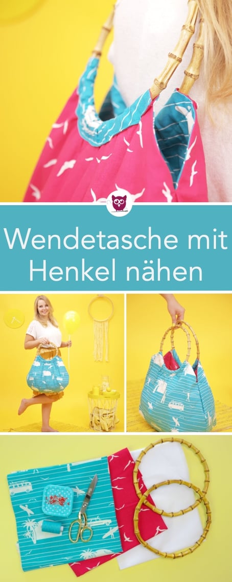 #HenkeltascheHailey aus dem #DIYeuleBuch : Nähanleitung für eine Wendetasche mit Bambushenkeln. Die Tasche ist sehr einfach zu nähen und perfekt für Nähanfänger. Die Taschenhenkel machen sie zu einer  Sommertasche. Schnittmuster + Anleitung von DIY Eule.