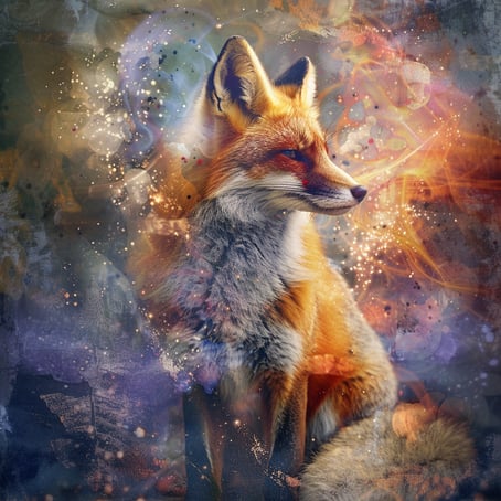 Ein sitzender Fuchs der nach rechts schaut umgeben von Farbflecken und Farbklecksen in braun, beige, grau orange, blau, weiss und violett