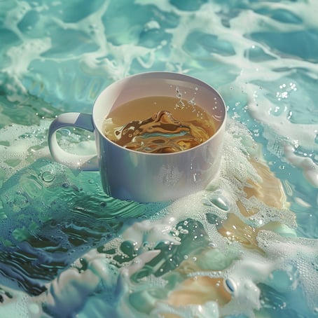 Eine weisse Teetasse gefüllt mit einer glänzenden gelben Flüssigkeit steht in frischem hellgrün-blauem Wasser das leichten weissen Schaum an der Oberfläche hat, hell,