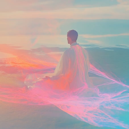 Ein Mann meditiert am Strand, mit holografischen Lichteffekten im Haar und . Der Hintergrund ist ein endloses Meer unter einem Sonnenuntergangshimmel. Er trägt lange, fließende Gewänder, die aus ätherischem Stoff zu bestehen scheinen.