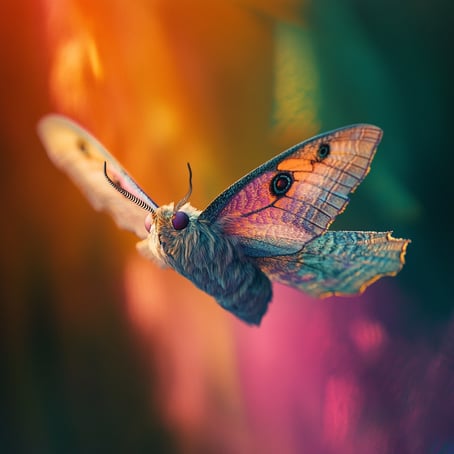 Eine Makroaufnahme einer schillernden Motte im Flug mit verschwommenem Hintergrund und lebendigen, farbenfrohen Rosa- und Orangetönen. Die geringe Schärfentiefe erzeugt einen auffälligen visuellen Effekt, der an den Stil der National Geographic-Fotografie