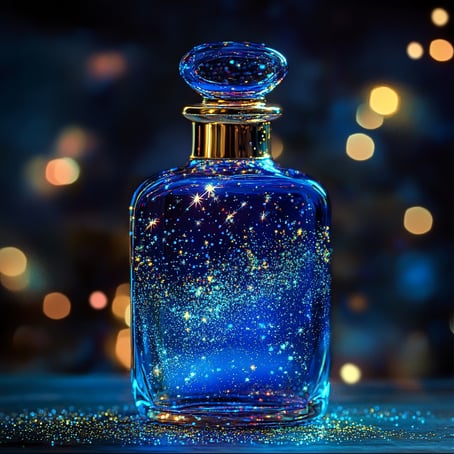 Eine mit blauer Flüssigkeit und Glitzer gefüllte Glasflasche vor einem Sternenhimmelhintergrund. Diese Produktfotografie zeichnet sich durch einen hellgoldenen Farbton mit einem fantasievollen und surrealistischen Stil aus.