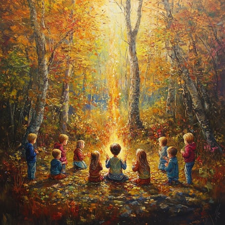 Eine Gruppe Kinder versammelte sich um ein offenes Feuer im Wald, umgeben von buntem Herbstlaub und hohen Bäumen. Der warme Schein der Flammen beleuchtet sie, während sie aufgeregt Geschichten miteinander erzählen. Im Stil der Ölmalerei.
